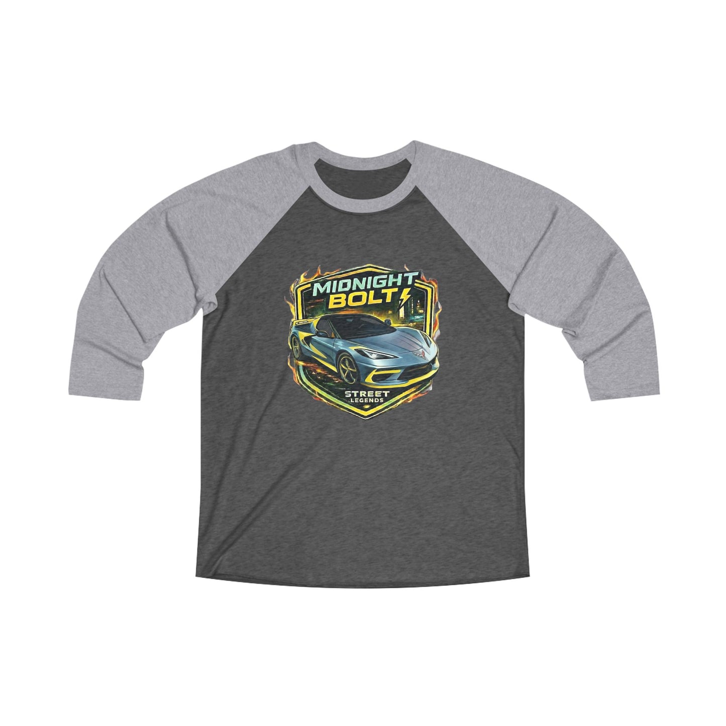 Unisex Adult Blue 'Midnight Bolt' Sportscar Theme Street Legend Series Black/Gray Tri-Blend 3/4 Raglan Tee (Additional Color)