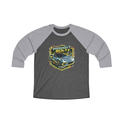 Unisex Adult Blue 'Midnight Bolt' Sportscar Theme Street Legend Series Black/Gray Tri-Blend 3/4 Raglan Tee (Additional Color)