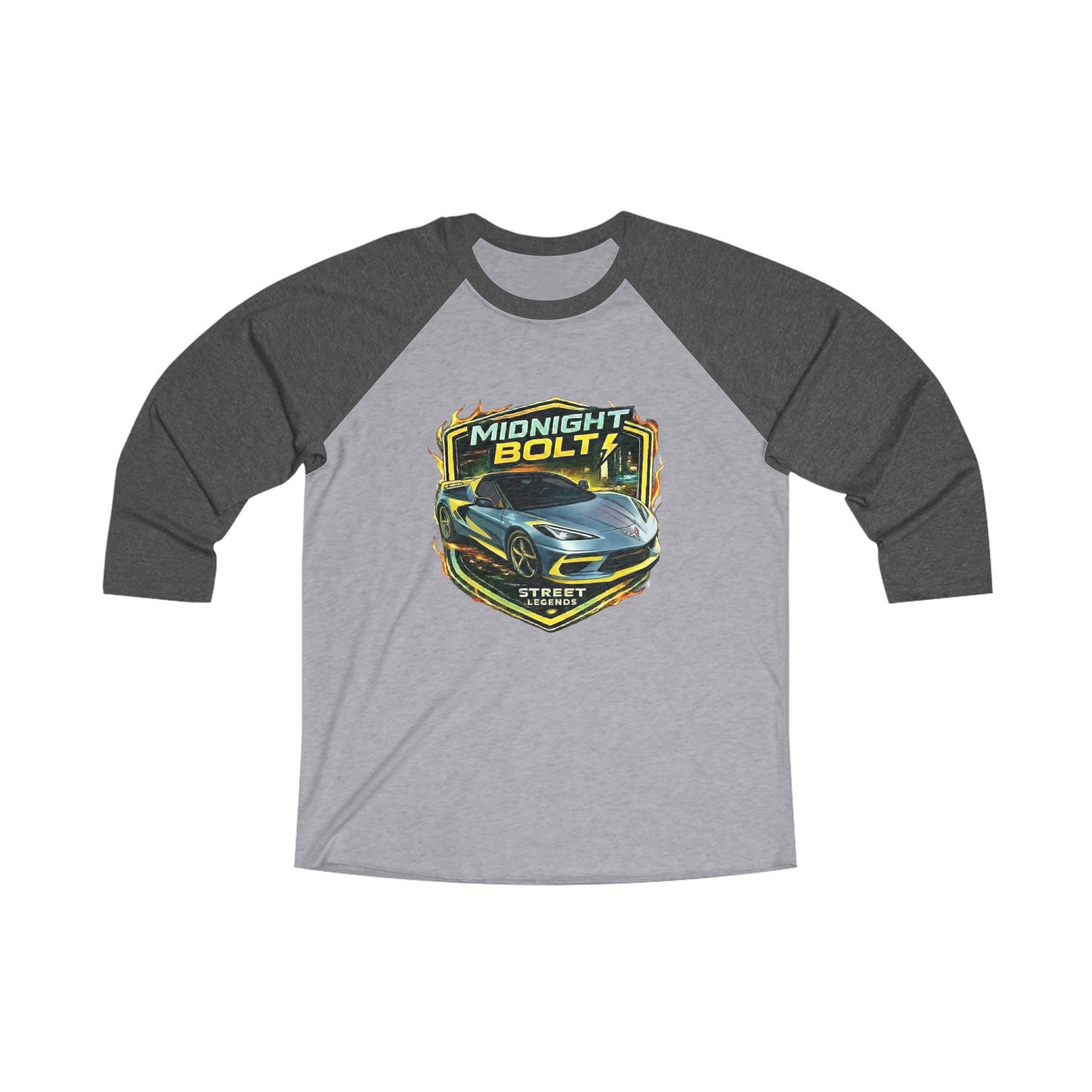 Unisex Adult Blue 'Midnight Bolt' Sportscar Theme Street Legend Series Black/Gray Tri-Blend 3/4 Raglan Tee (Additional Color)