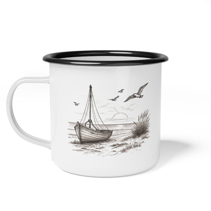 Nautical Coastal Sailboat Design Enamel Camp Cup — 'Set Your Course By the Stars Not the Storm' 12 Oz Outdoor Camping Coffee Mug w/ Accent Rim