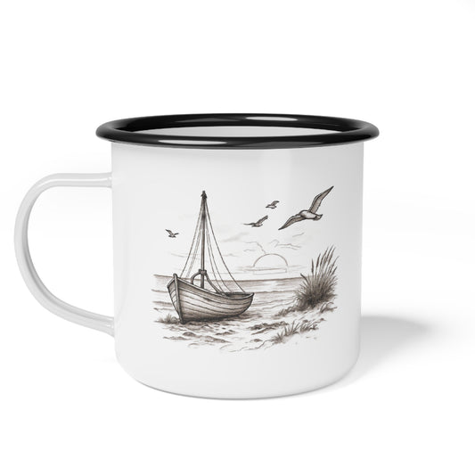 Nautical Coastal Sailboat Design Enamel Camp Cup — 'Set Your Course By the Stars Not the Storm' 12 Oz Outdoor Camping Coffee Mug w/ Accent Rim