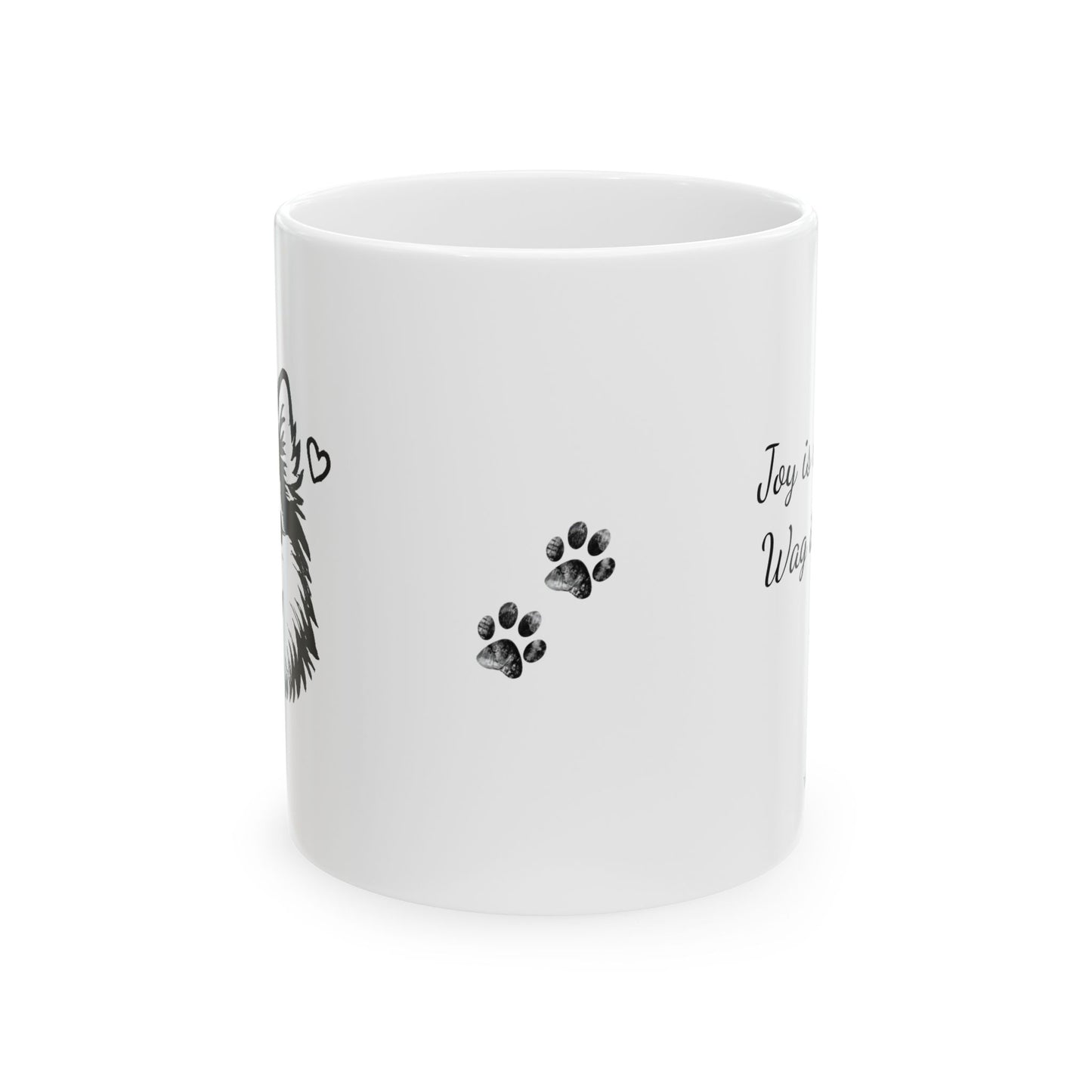 Pomsky With A Heart White Ceramic Dog Theme Mug — "Joy is contagious, Wag it forward" (11oz & 15oz)
