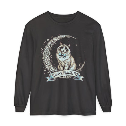 Unisex Adult 'Always Pawsitive' Cat Design Long Sleeve Tee — Cute Ragdoll Cat Graphic Shirt (Additional Colors)