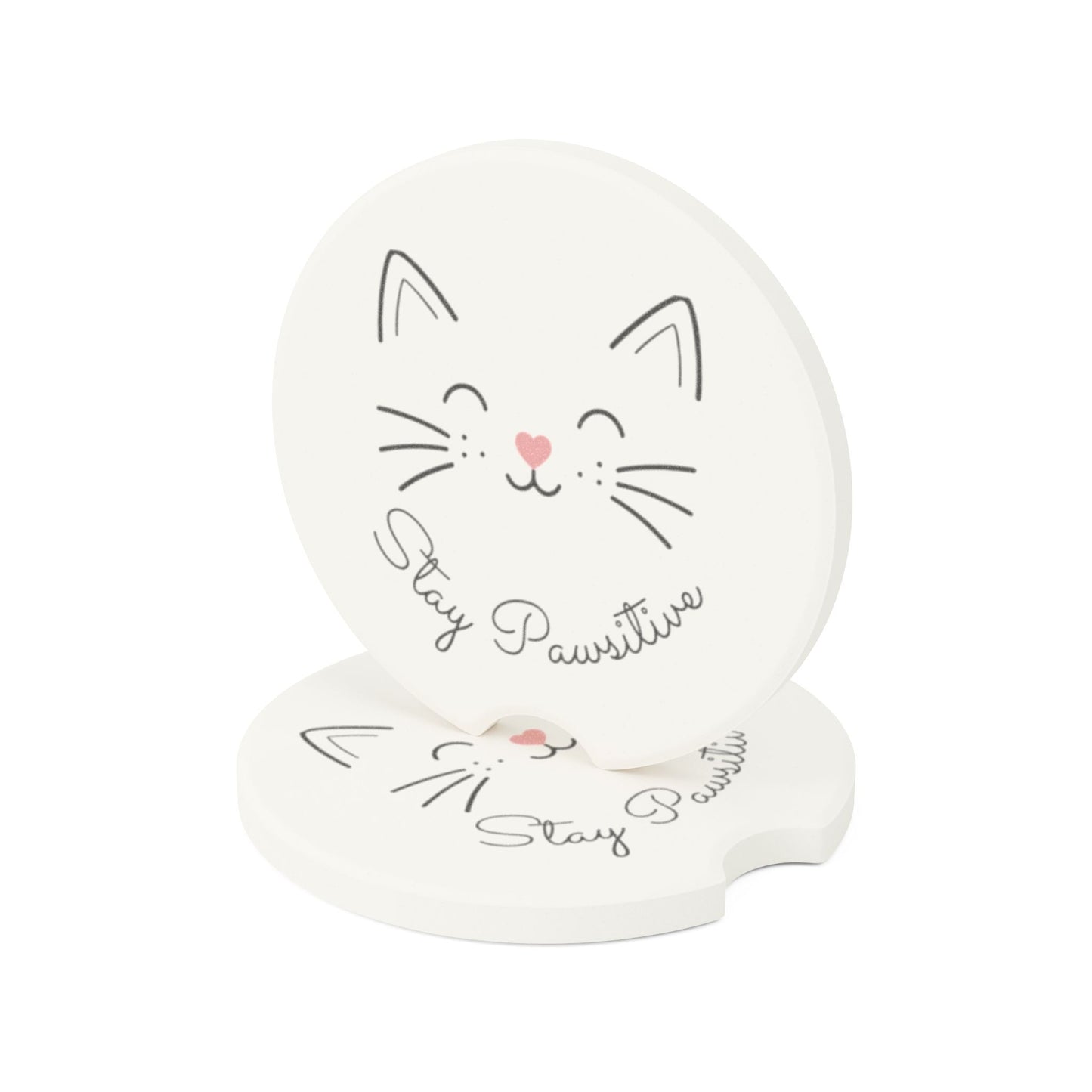 Catitude Collection Cat Face Soapstone Car Coaster — 'Stay Pawsitive' Car Cup Holder Coaster (Single or 2-Piece Set)