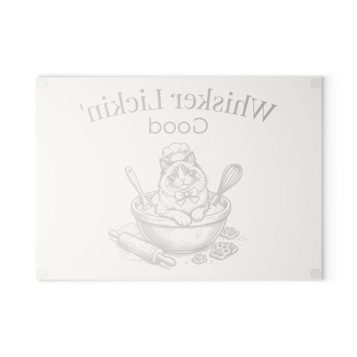 Glass Cutting Board — "Whisker Lickin' Good" Cat Chef Decorative Kitchen Board