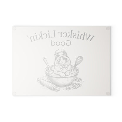 Glass Cutting Board — "Whisker Lickin' Good" Cat Chef Decorative Kitchen Board