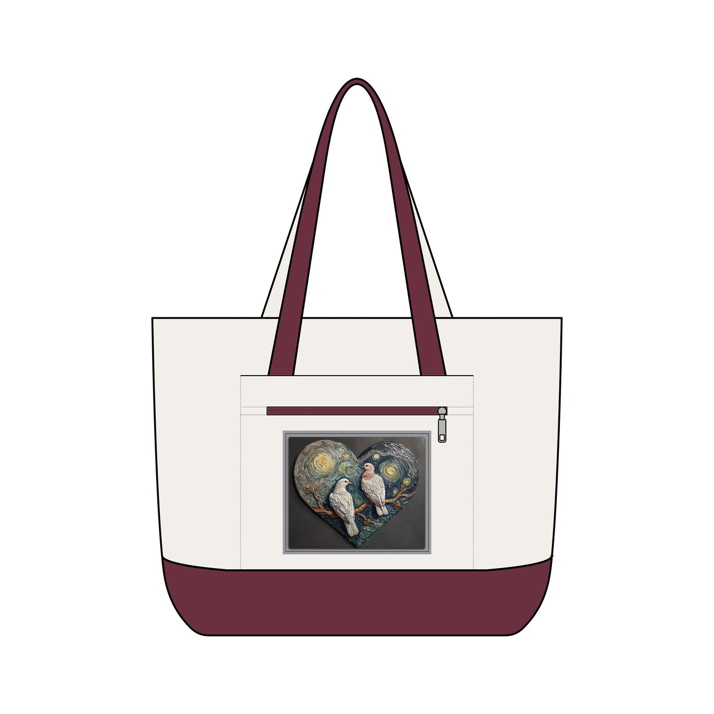 Two Doves in a Heart Zippered Canvas Tote Bag (Additional Colors)