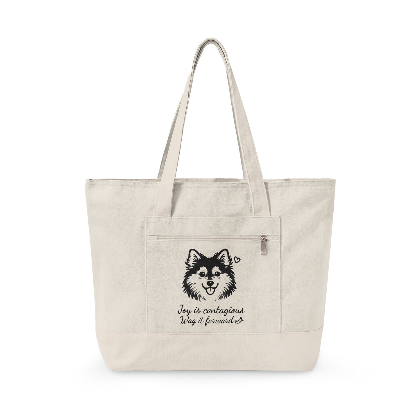 Adorable Pomsky With A Heart Canvas Tote Bag, 'Joy is contagious, Wag it forward' Zippered Beach & Market Tote (Additional Colors)