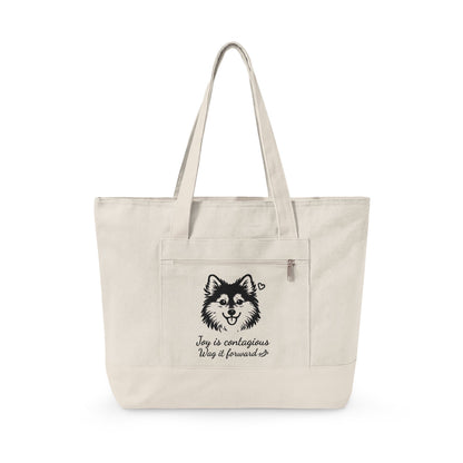 Adorable Pomsky With A Heart Canvas Tote Bag, 'Joy is contagious, Wag it forward' Zippered Beach & Market Tote (Additional Colors)