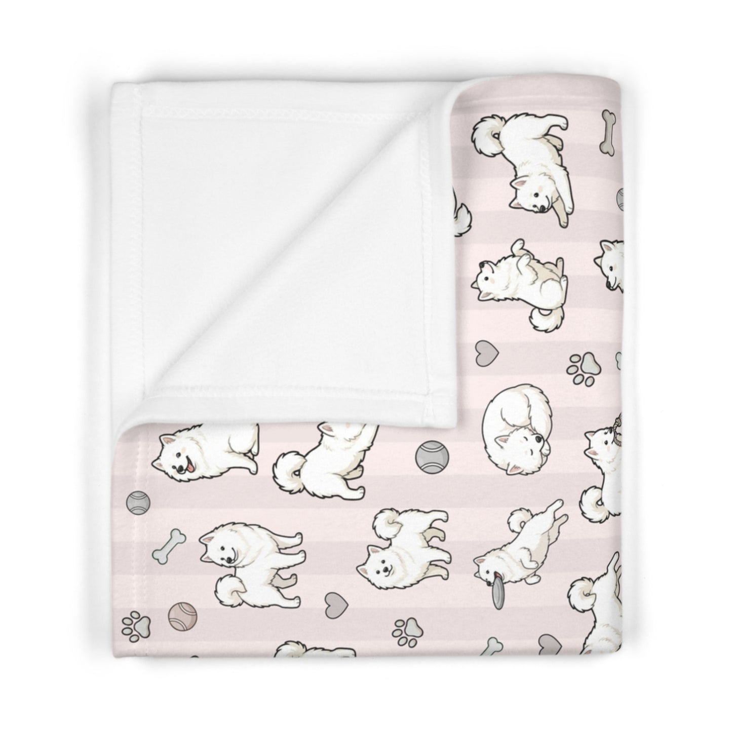Pink Design Samoyed Puppy Baby Blanket – Cute White Puppy Pattern on Soft Pink Stripes (Soft Fleece)