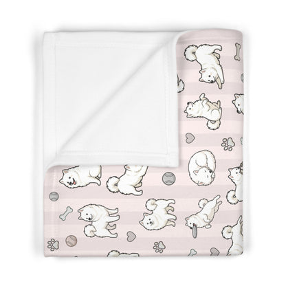 Pink Design Samoyed Puppy Baby Blanket – Cute White Puppy Pattern on Soft Pink Stripes (Soft Fleece)