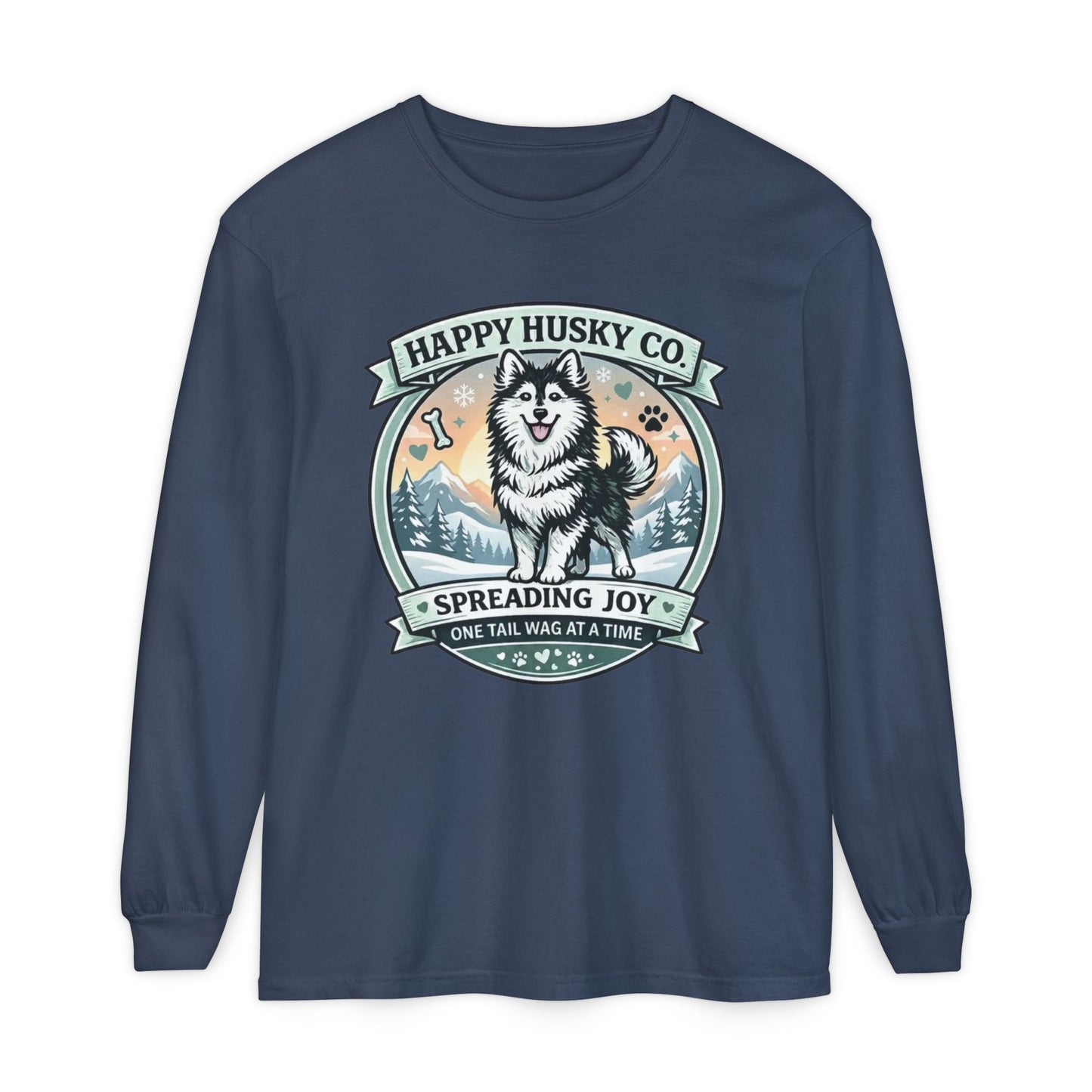 Unisex Colorful Happy Husky Co. Long Sleeve T-Shirt — 'Spreading Joy One Tail Wag At A Time' Graphic (Additional Colors)