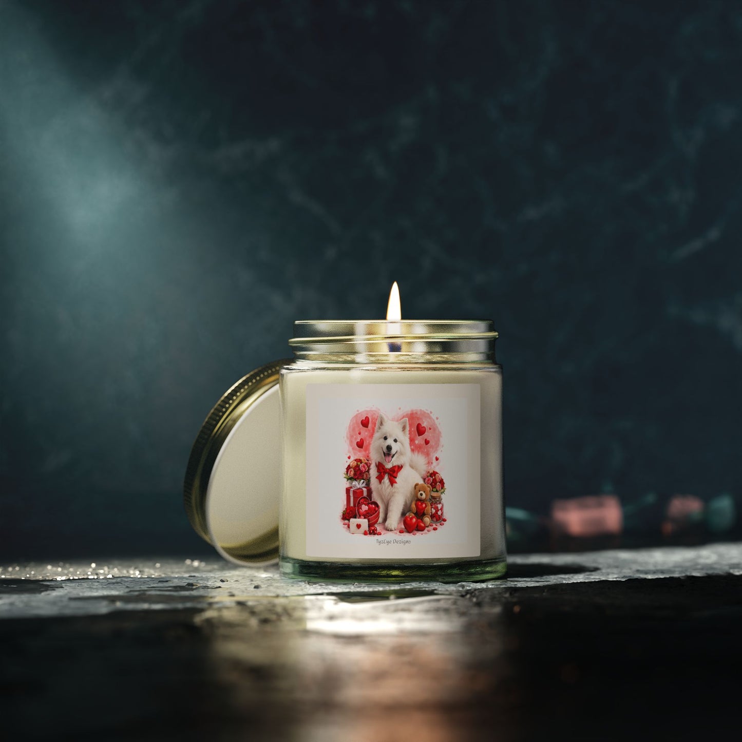 Valentine's Samoyed Dog Design Luxe Coconut Apricot Wax Candle (4oz / 9oz) — Choice of Soothing Home Fragrances