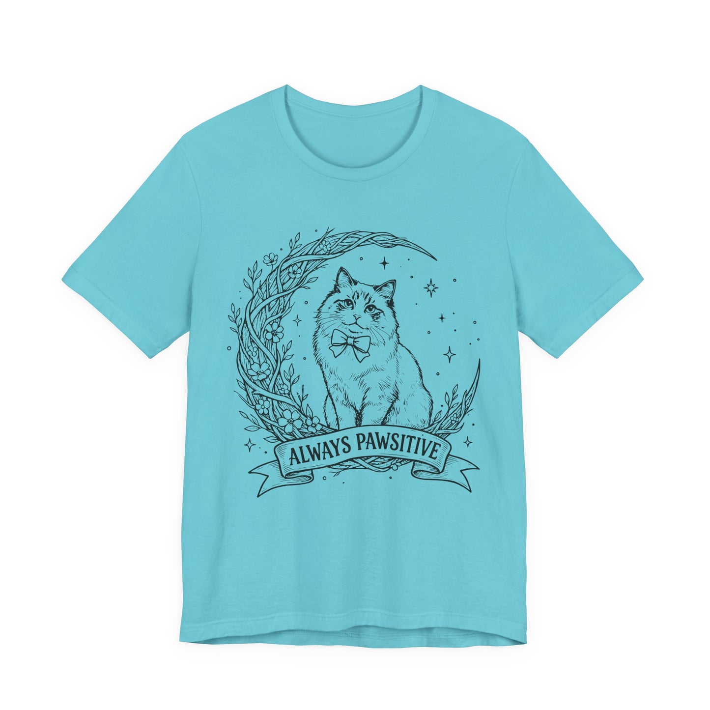 Unisex Adult Cute Cat & Moon Design T-Shirt — “Always Pawsitive” Retro Moon Cat Graphic Tee (Additional Colors)