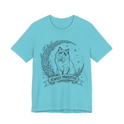 Unisex Adult Cute Cat & Moon Design T-Shirt — “Always Pawsitive” Retro Moon Cat Graphic Tee (Additional Colors)