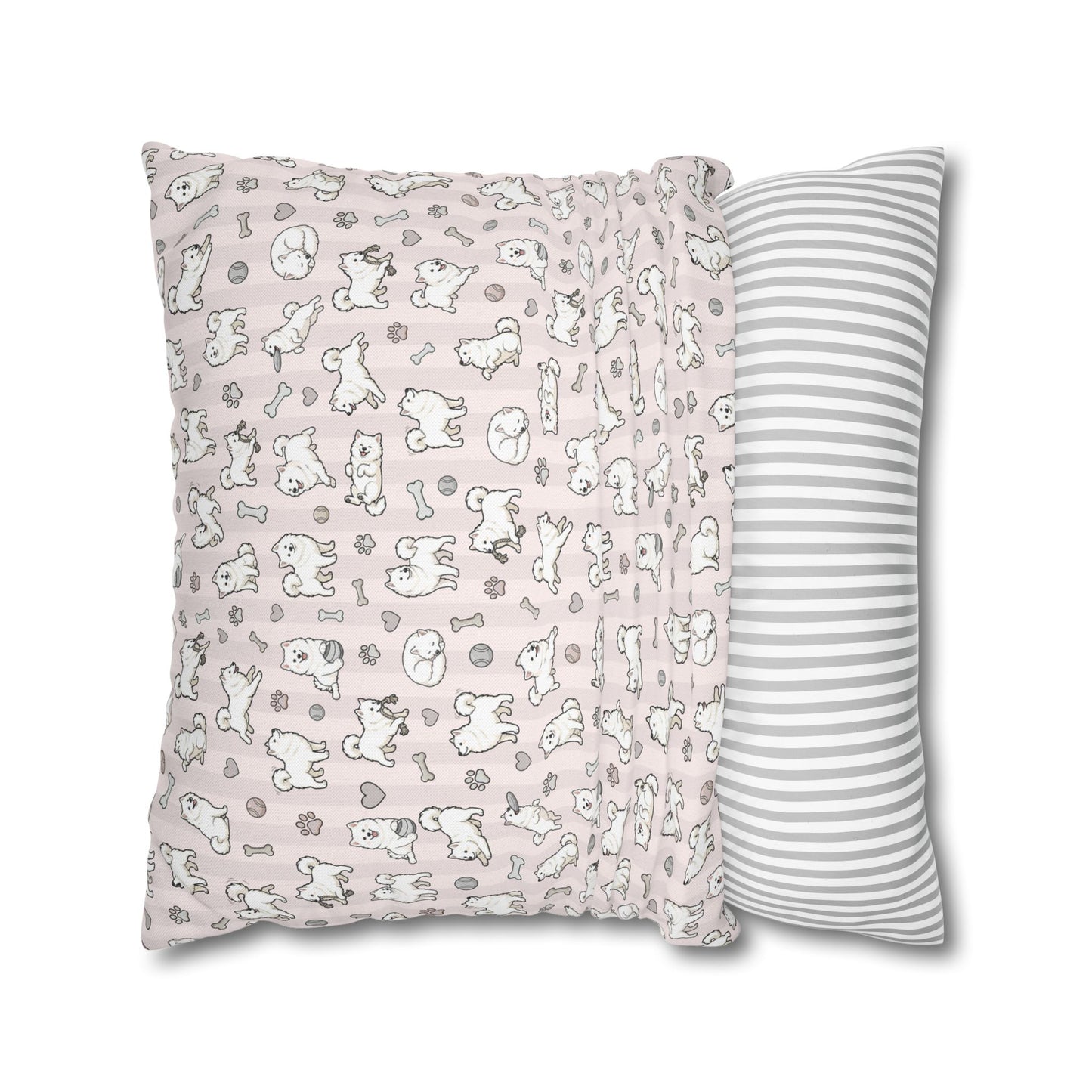 Double Sided Pink Design Samoyed Puppy With Bones, Hearts & Paw Prints Pillowcase — Decorative Square Throw Pillow (Additional Sizes)