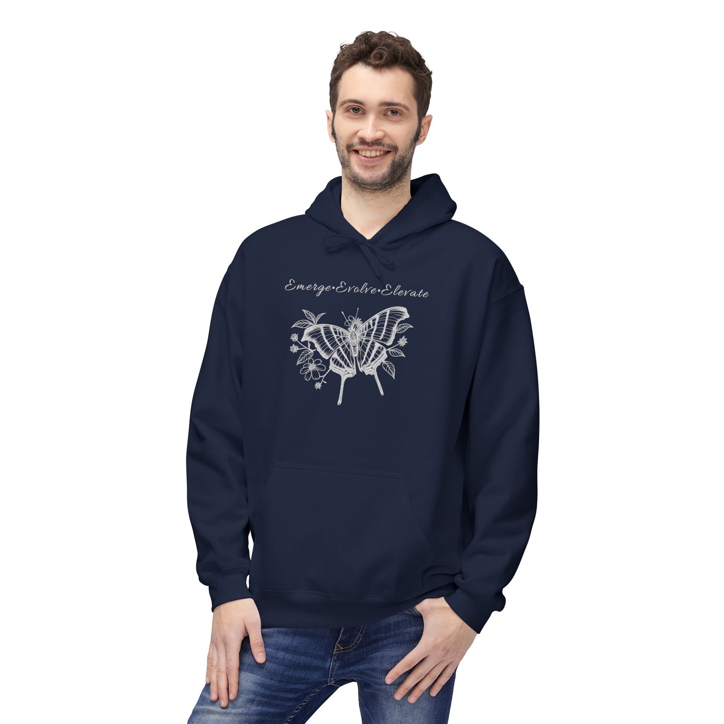 Unisex Adult Butterfly & Flowers Hoodie — 'Emerge, Evolve, Elevate' Minimal Line Art Sweatshirt (Additional Colors)