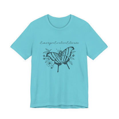 Unisex Adult Butterfly & Flowers Design Short Sleeve Tee - 'Emerge Evolve Elevate' (Additional Colors)