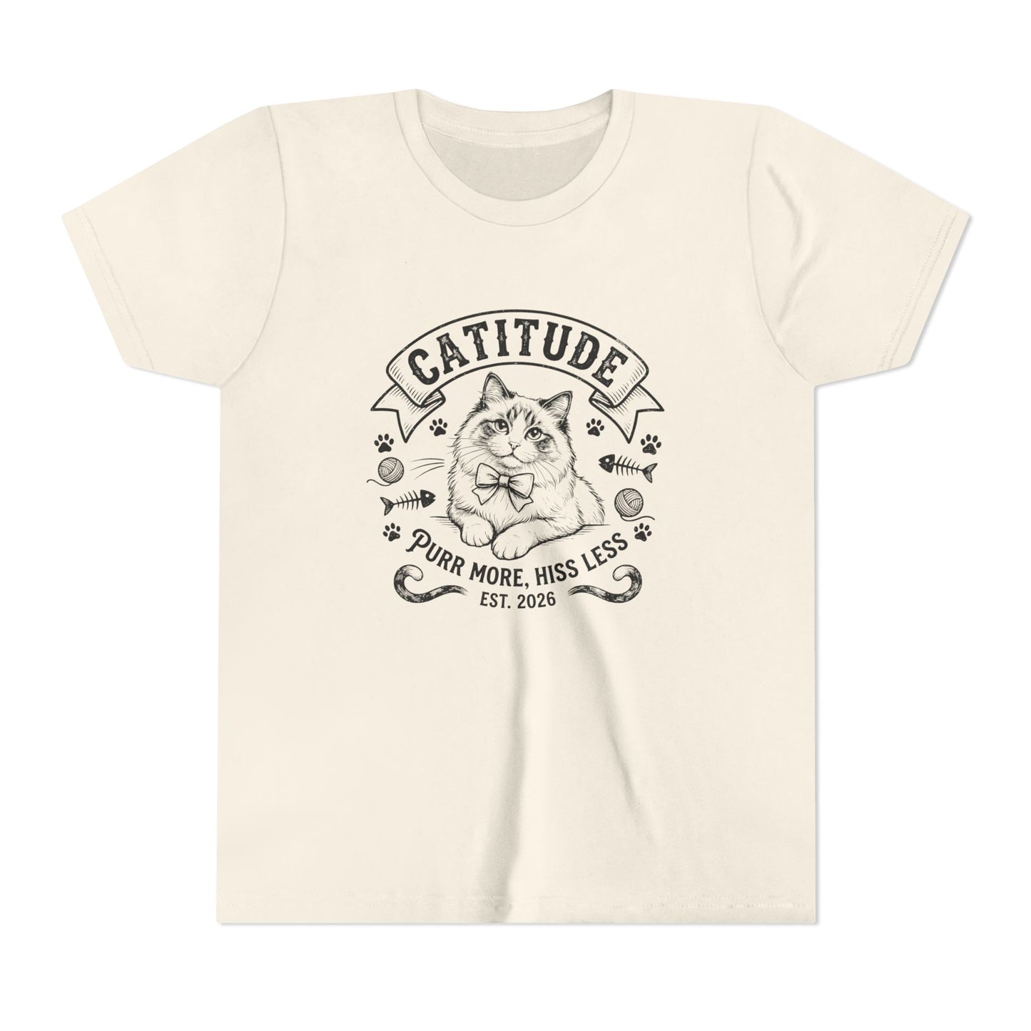 Catitude Youth T‑Shirt - "Purr More, Hiss Less" Cute Cat Graphic Tee for Kids