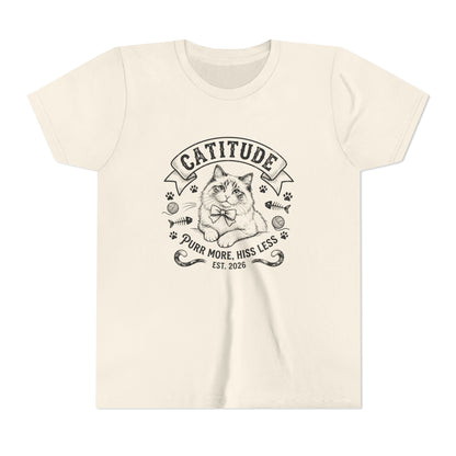 Catitude Youth T‑Shirt - "Purr More, Hiss Less" Cute Cat Graphic Tee for Kids