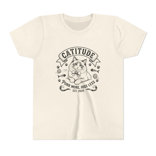 Catitude Youth T‑Shirt - "Purr More, Hiss Less" Cute Cat Graphic Tee for Kids