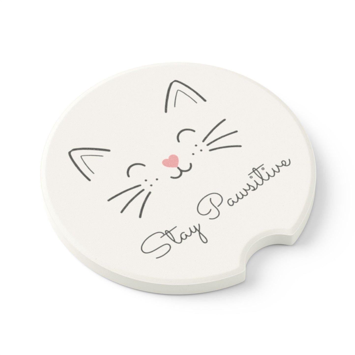 Catitude Collection Cat Face Soapstone Car Coaster — 'Stay Pawsitive' Car Cup Holder Coaster (Single or 2-Piece Set)