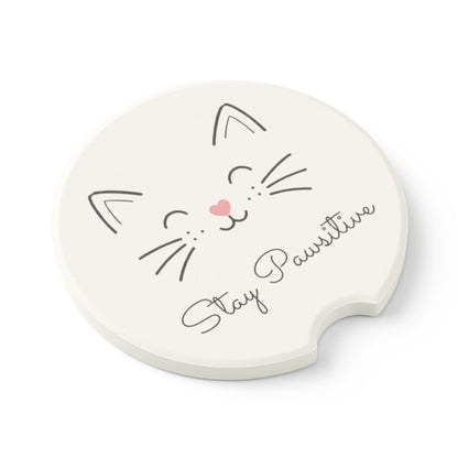 Catitude Collection Cat Face Soapstone Car Coaster — 'Stay Pawsitive' Car Cup Holder Coaster (Single or 2-Piece Set)