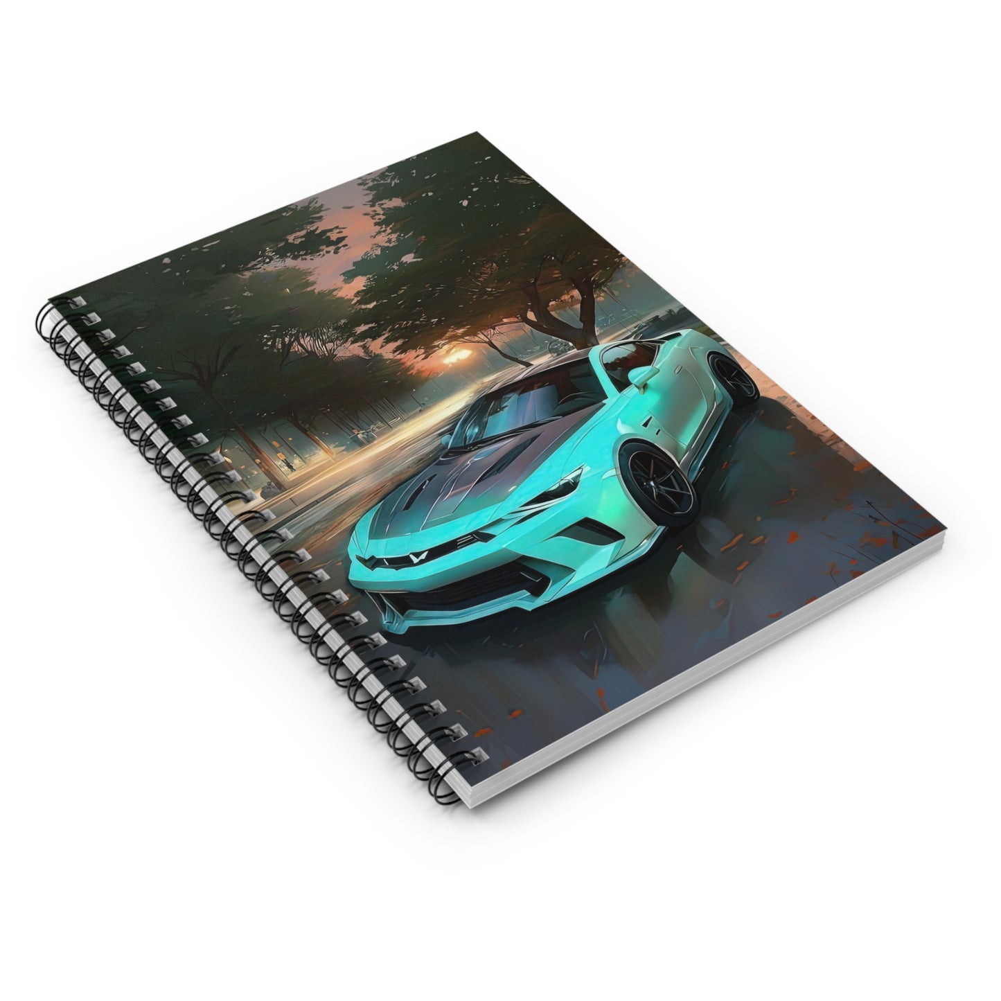 Artsy Sunset Scene Teal Camaro Sports Car Spiral Ruled Notebook
