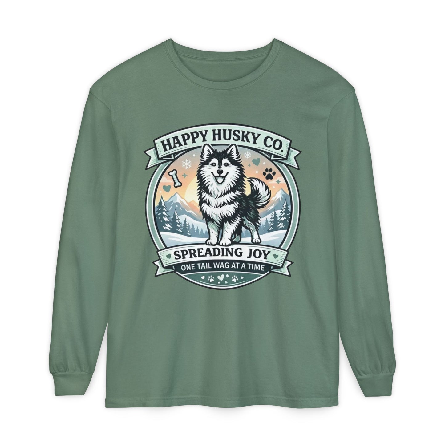 Unisex Colorful Happy Husky Co. Long Sleeve T-Shirt — 'Spreading Joy One Tail Wag At A Time' Graphic (Additional Colors)