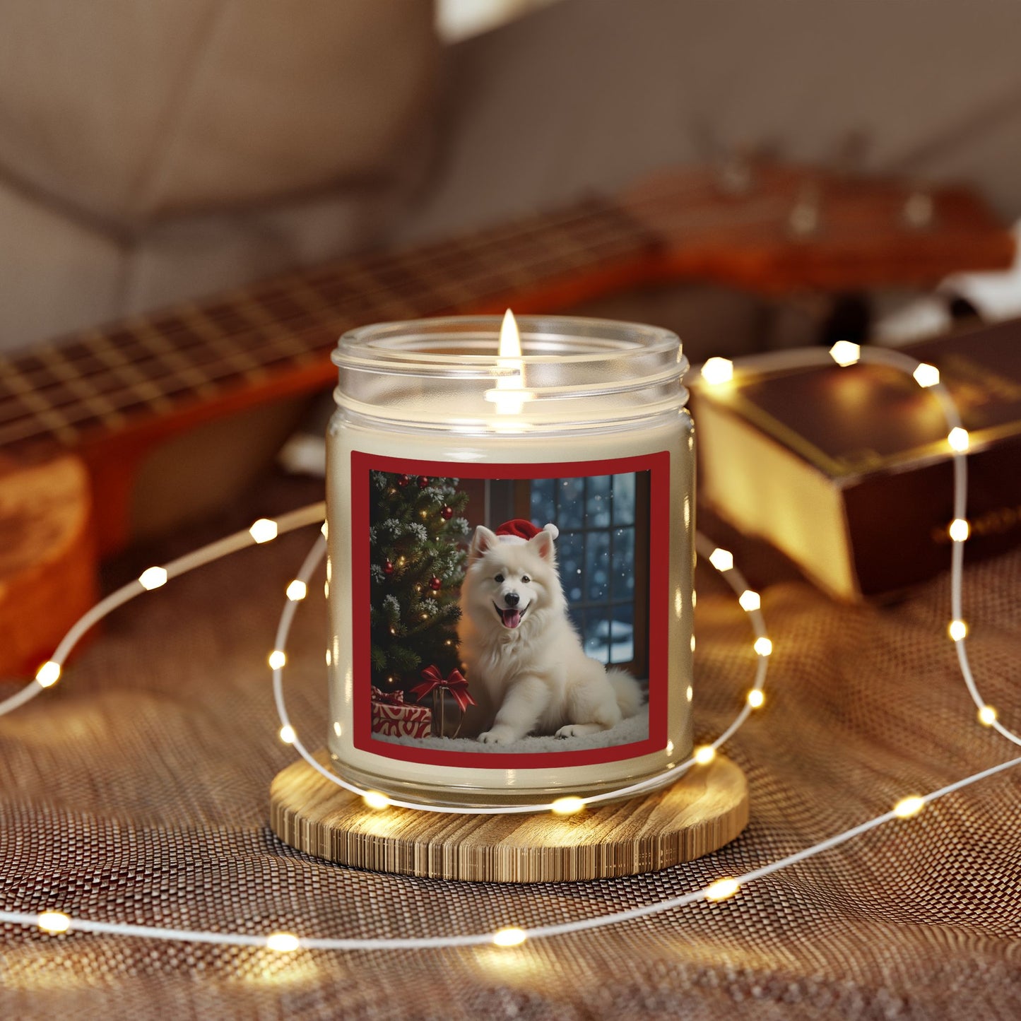 Holiday Samoyed Dog Photo Candle — Coconut Apricot Wax (Choice of Scents, 4oz & 9oz)