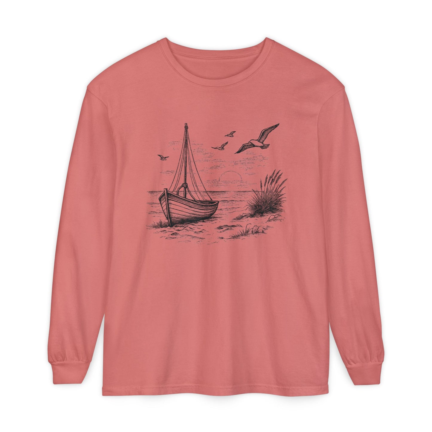 Nautical Sailboat & Beach Sketch Design Long Sleeve Tee - 'Set Your Course by the Stars Not the Storm' (Additional Colors)
