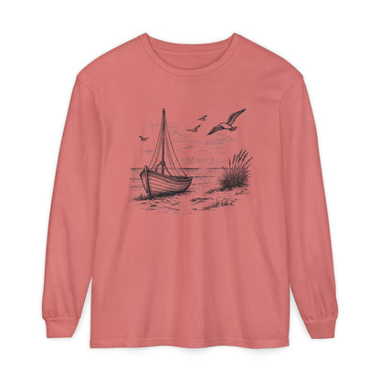 Nautical Sailboat & Beach Sketch Design Long Sleeve Tee - 'Set Your Course by the Stars Not the Storm' (Additional Colors)