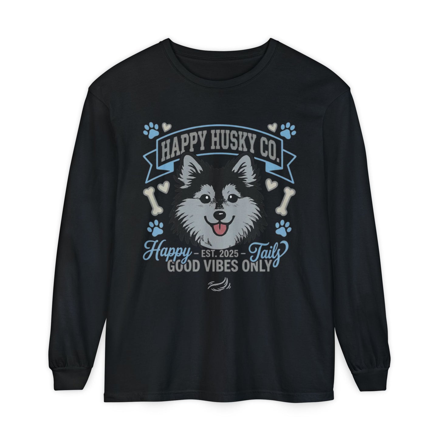 Happy Husky Co. Unisex Long Sleeve Tee — 'Happy Tails, Good Vibes Only' Dog Lover Shirt (Additional Colors)