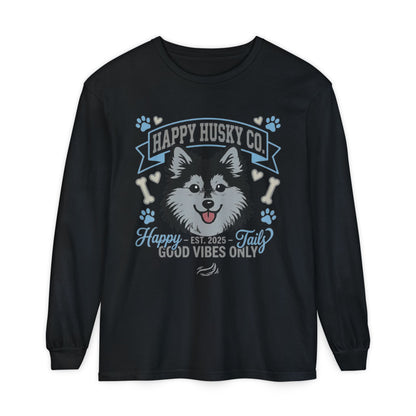 Happy Husky Co. Unisex Long Sleeve Tee — 'Happy Tails, Good Vibes Only' Dog Lover Shirt (Additional Colors)