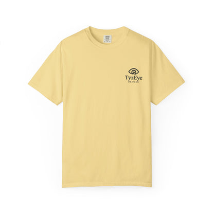 Unisex Adult Sunset Beach Scene II Back Design T-Shirt — Tropical Palm Tree 'Lost In the Horizon' Graphic w/ Logo Front (Additional Color)