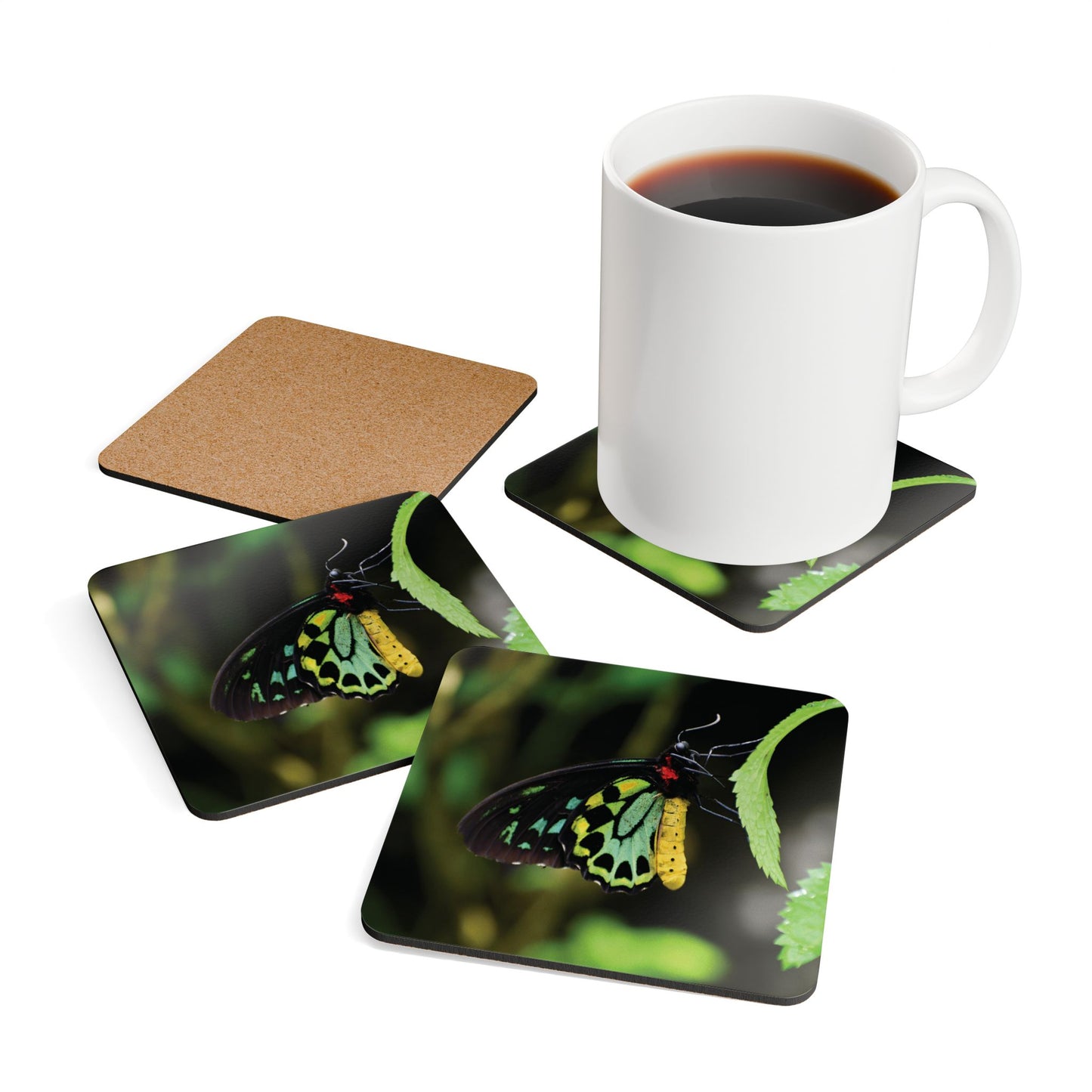 Colorful Butterfly Cork Coasters - Square Nature-Inspired Drink Coasters (4-Piece Set)