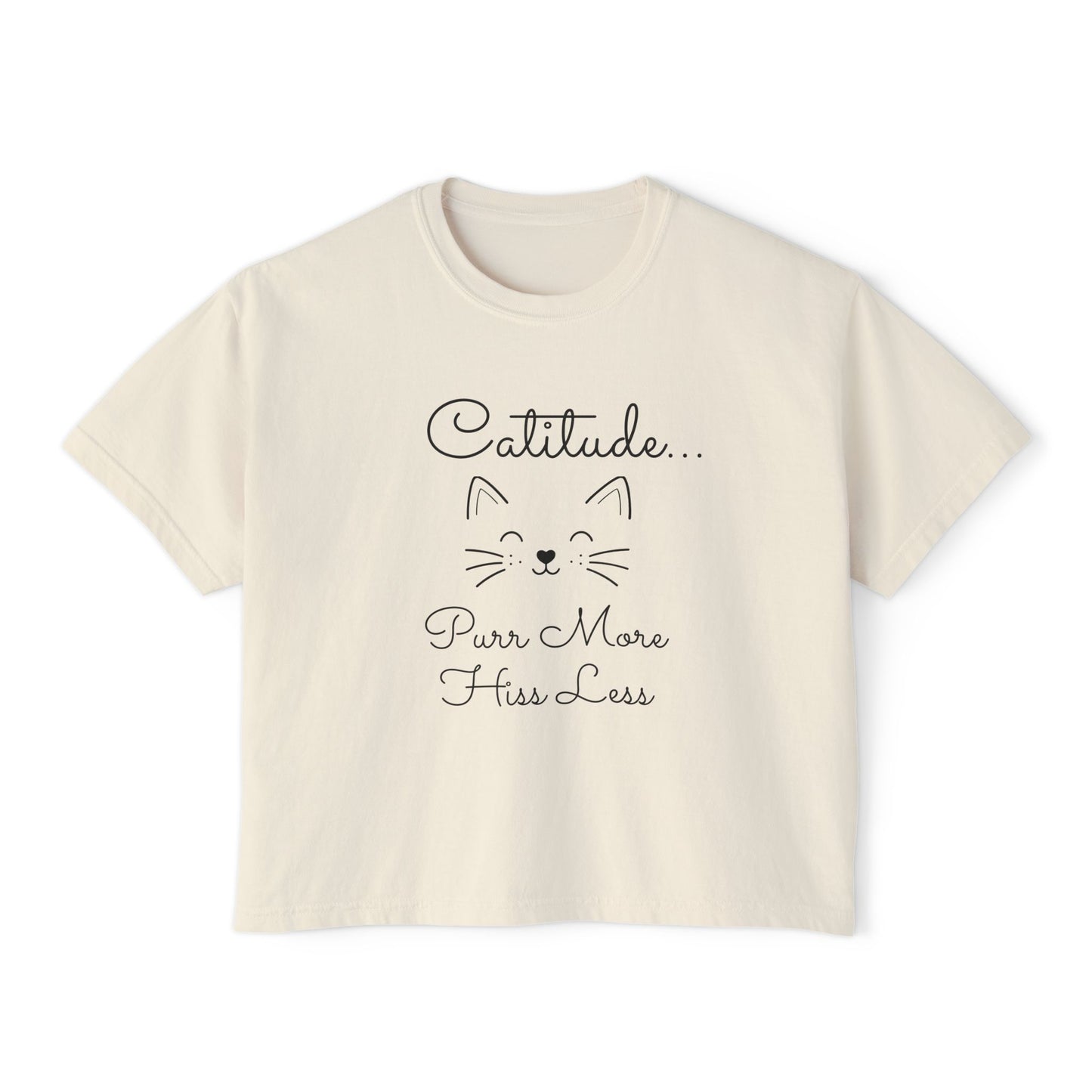 Catitude Boxy Tee — “Purr More, Hiss Less” Cute Cat Graphic T-Shirt (Additional Colors)