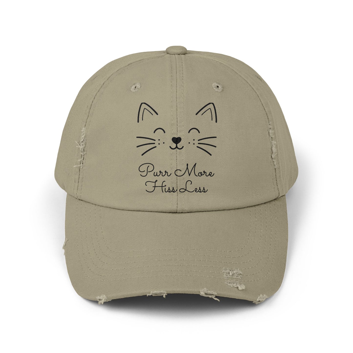 Unisex Cat Face Design Distressed Cap - 'Purr More, Hiss Less' Hat (Additional Colors)