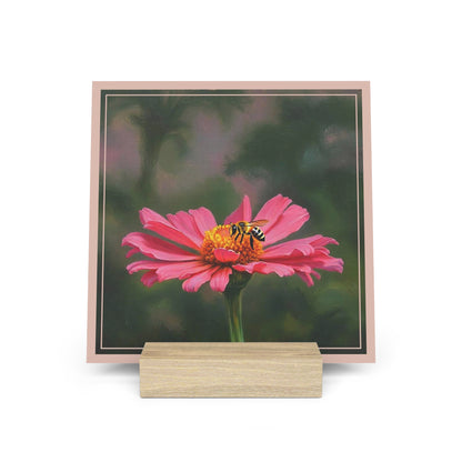 Nature Pretty Pink Flower and Bee Artist-Inspired Gallery Board with Wooden Stand — Mini Desk Art (Additional Sizes)