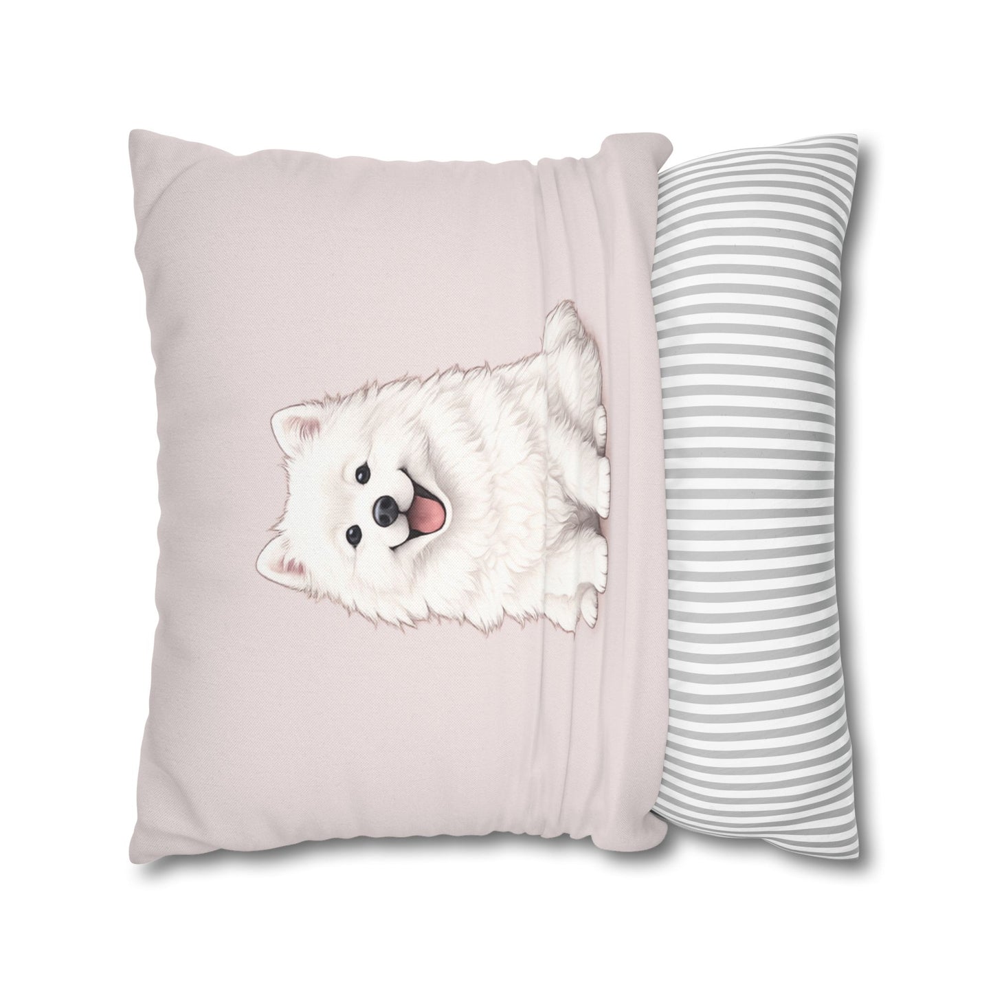 Double Sided Pink Design Samoyed Puppy With Bones, Hearts & Paw Prints Pillowcase — Decorative Square Throw Pillow (Additional Sizes)
