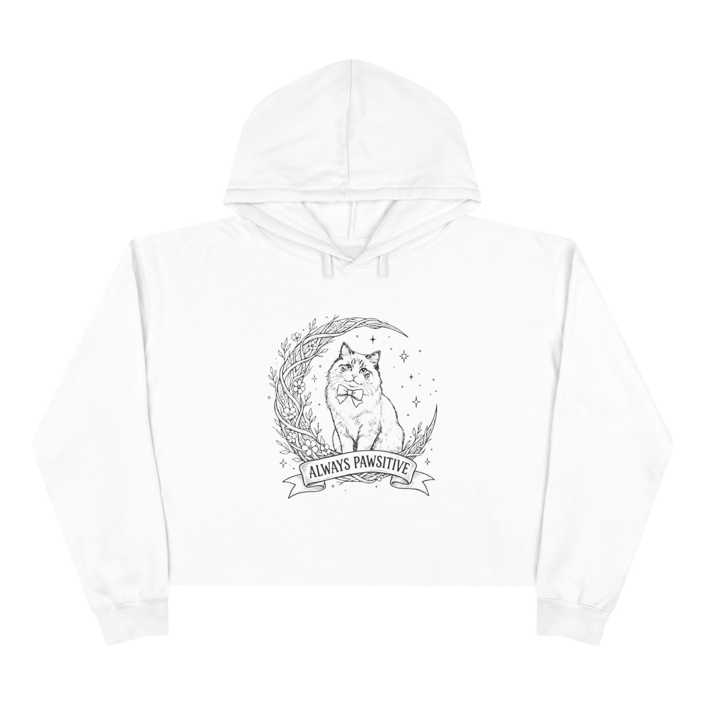 Cute Cat & Moon Crop Hoodie — “Always Pawsitive” Cozy Graphic Pullover (Additional Colors)