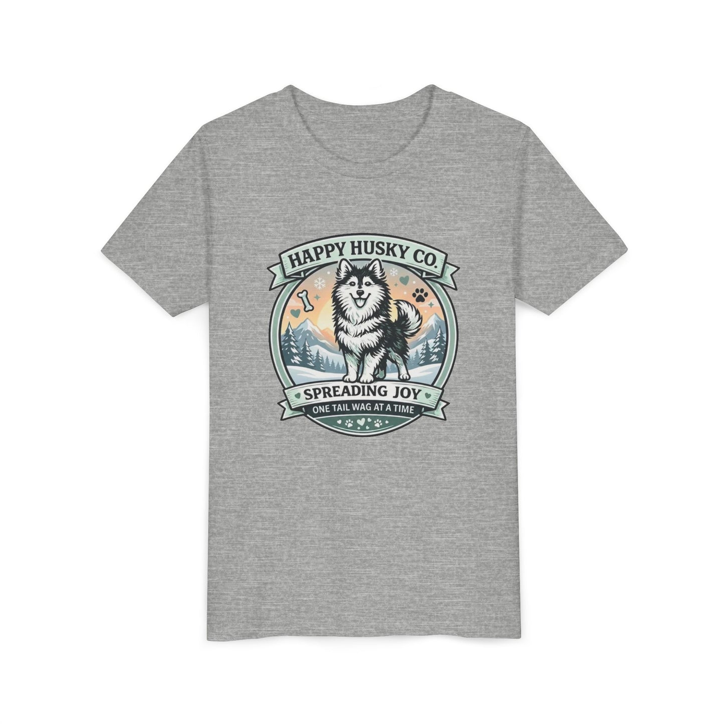Youth Tee Happy Husky Co. 'Spreading Joy' Kids Short Sleeve Shirt - Husky Dog, Outdoor Badge Design (Additional Colors)