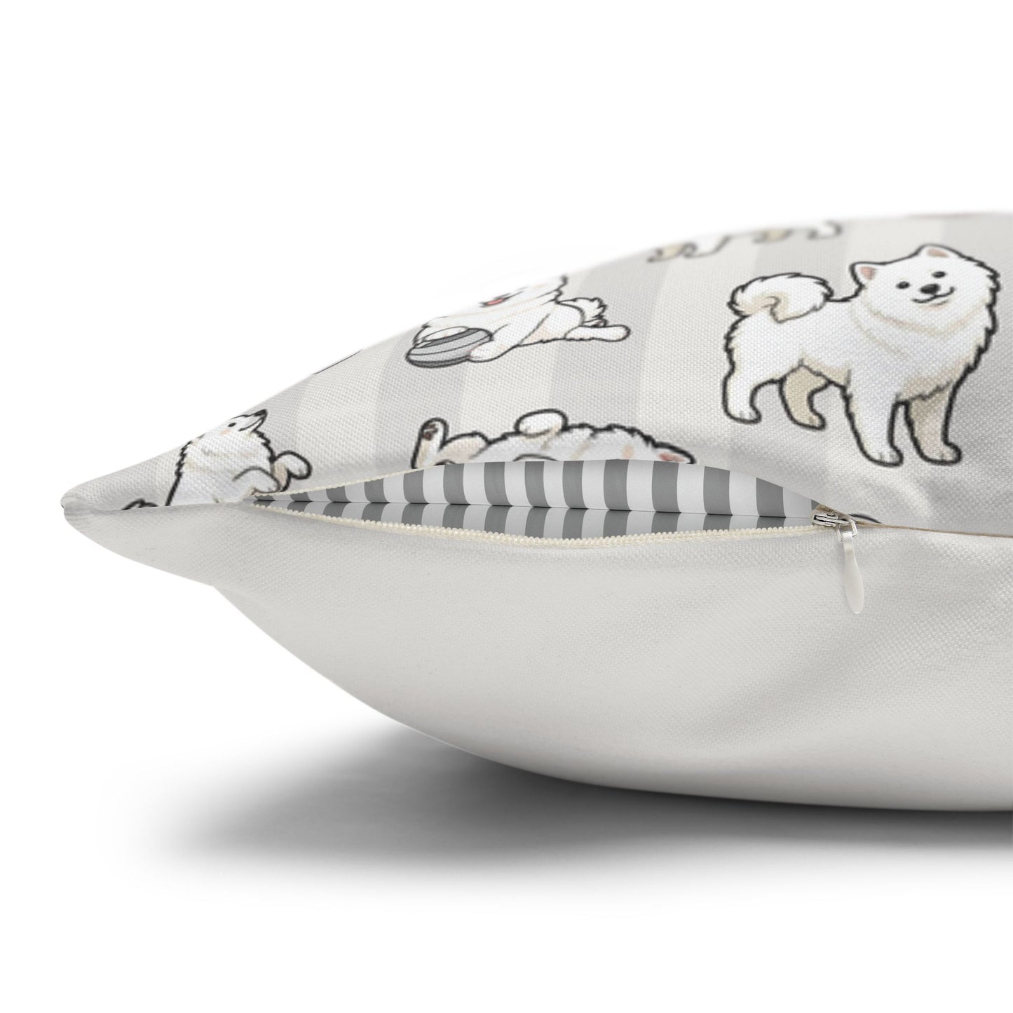 Double Sided Beige Design Samoyed Puppy With Bones, Hearts, and Paw Prints Pillowcase — Soft Striped Decorative Square Throw Pillow (Additional Sizes)