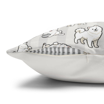 Double Sided Beige Design Samoyed Puppy With Bones, Hearts, and Paw Prints Pillowcase — Soft Striped Decorative Square Throw Pillow (Additional Sizes)