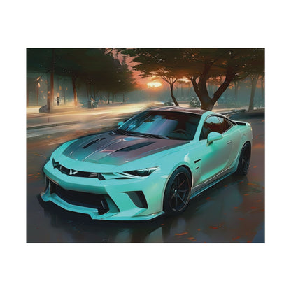 Artsy Teal Camaro Sports Car Sunset Street Scene Wall Art Print
