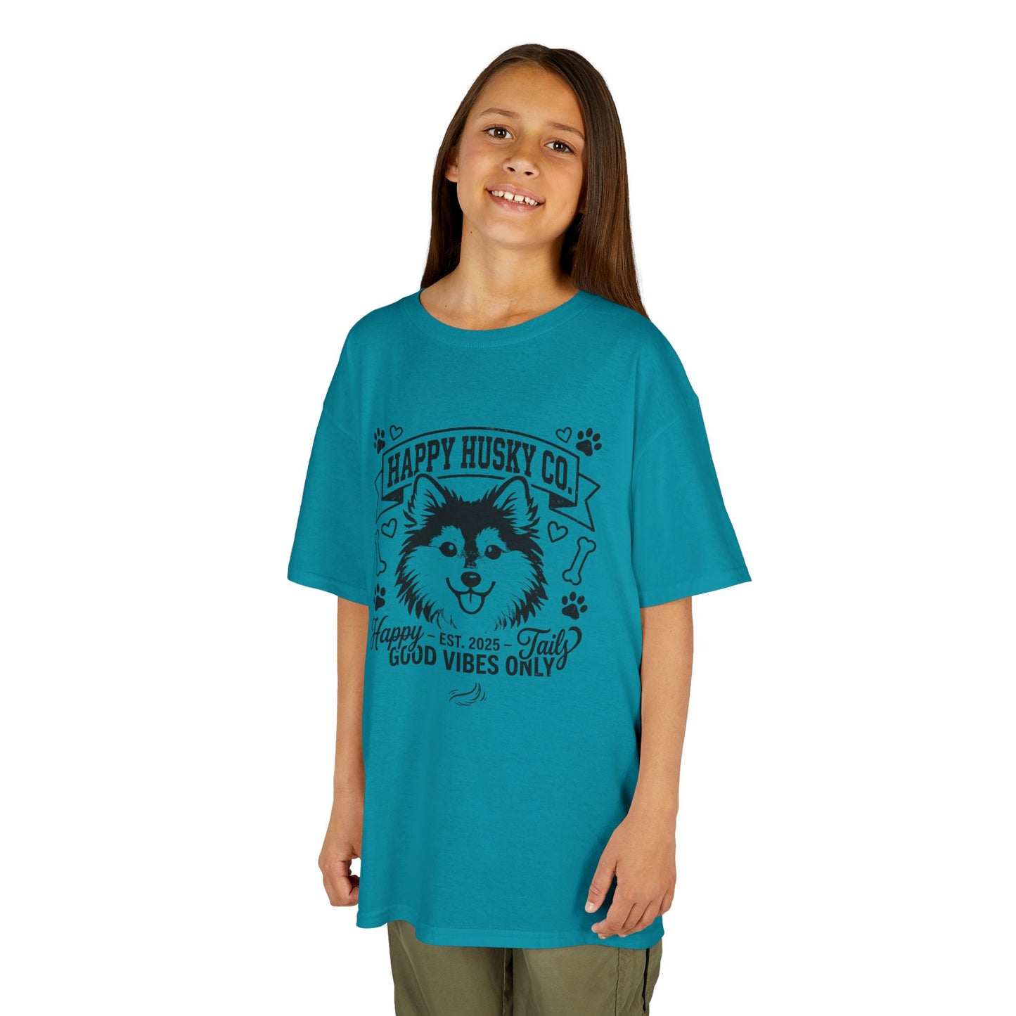 Kids Happy Husky Co. 'Happy Tails, Good Vibes Only' Tee — Puppy Graphic Shirt (Additional Colors)