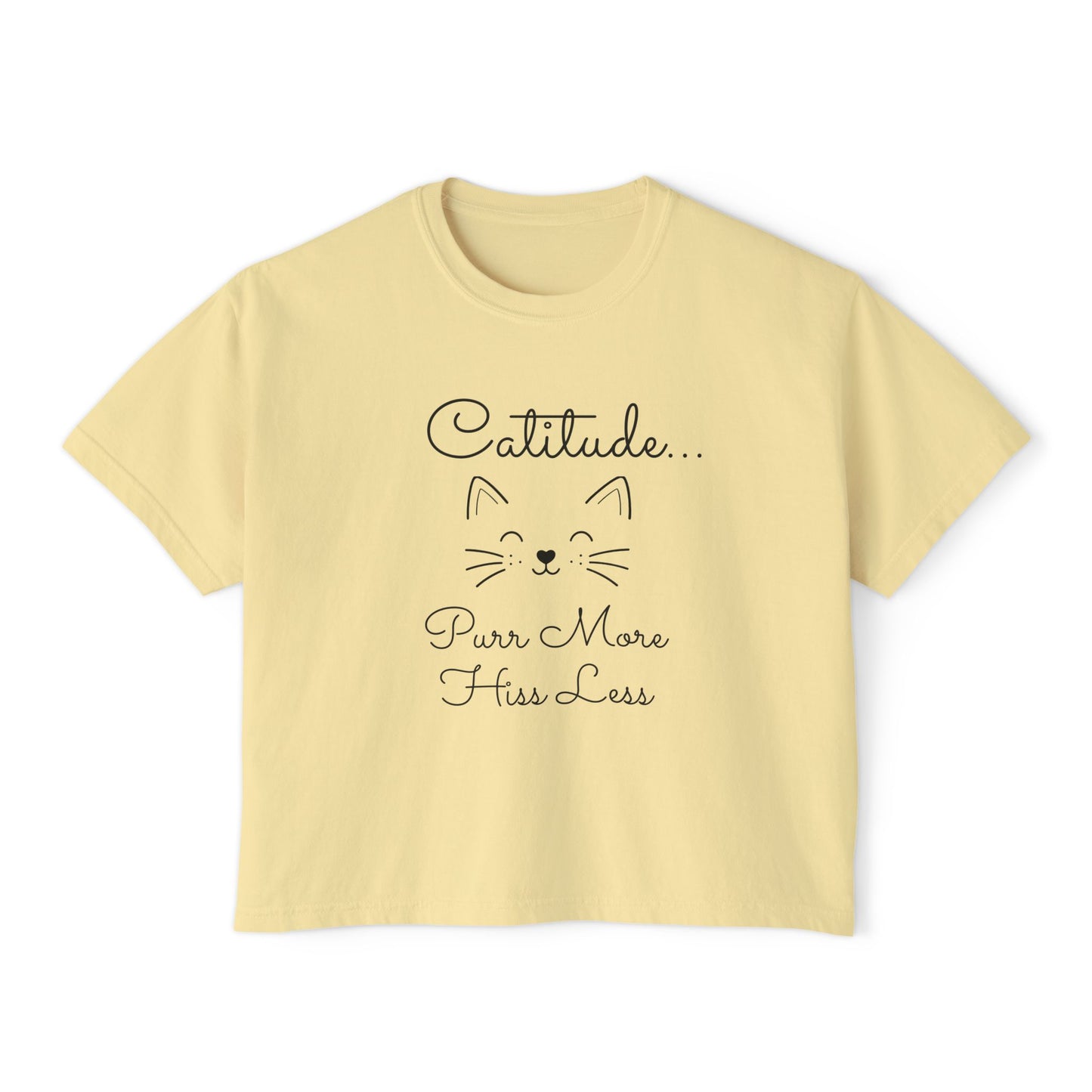 Catitude Boxy Tee — “Purr More, Hiss Less” Cute Cat Graphic T-Shirt (Additional Colors)
