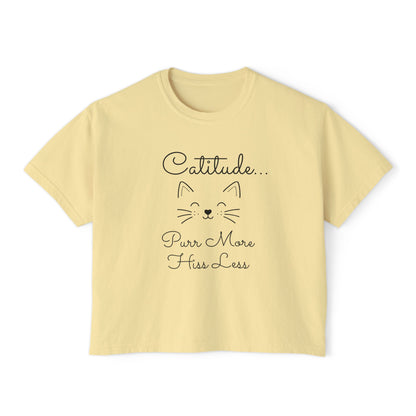Catitude Boxy Tee — “Purr More, Hiss Less” Cute Cat Graphic T-Shirt (Additional Colors)