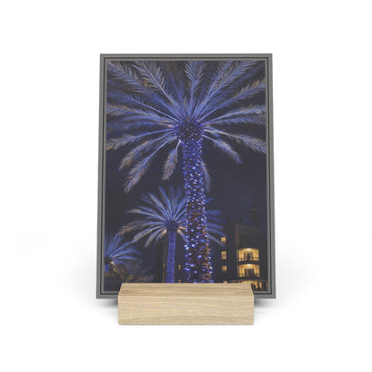 Blue Palm Trees Photo Gallery Board with Wooden Stand — Mini Nature Tropical Night Lights Desk Art (Additional Sizes)