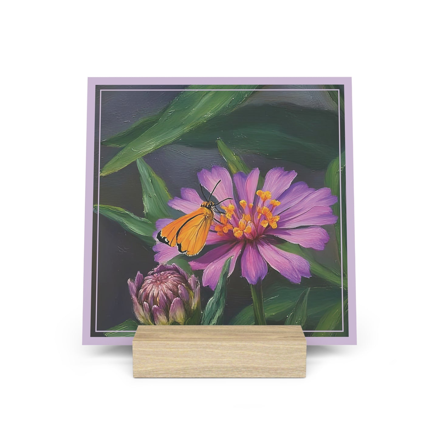 Nature Pretty Pink and Purple Flower with Butterfly Artist-Inspired Gallery Board with Wooden Stand — Mini Desk Art (Additional Sizes)